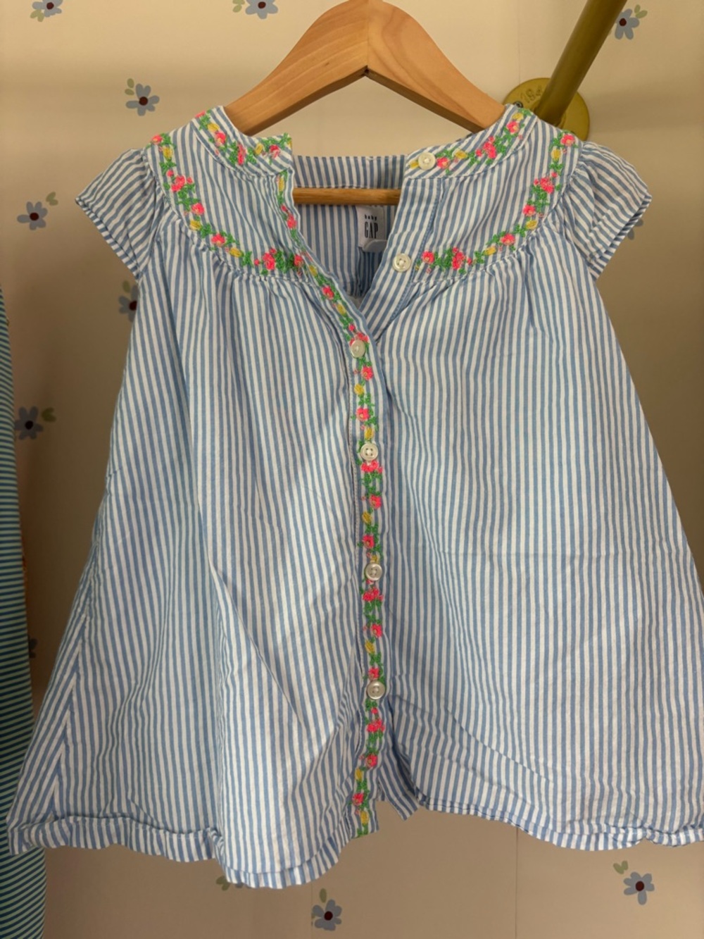 Baby Gap Blue & White Striped Button Front Dress with Floral Trim